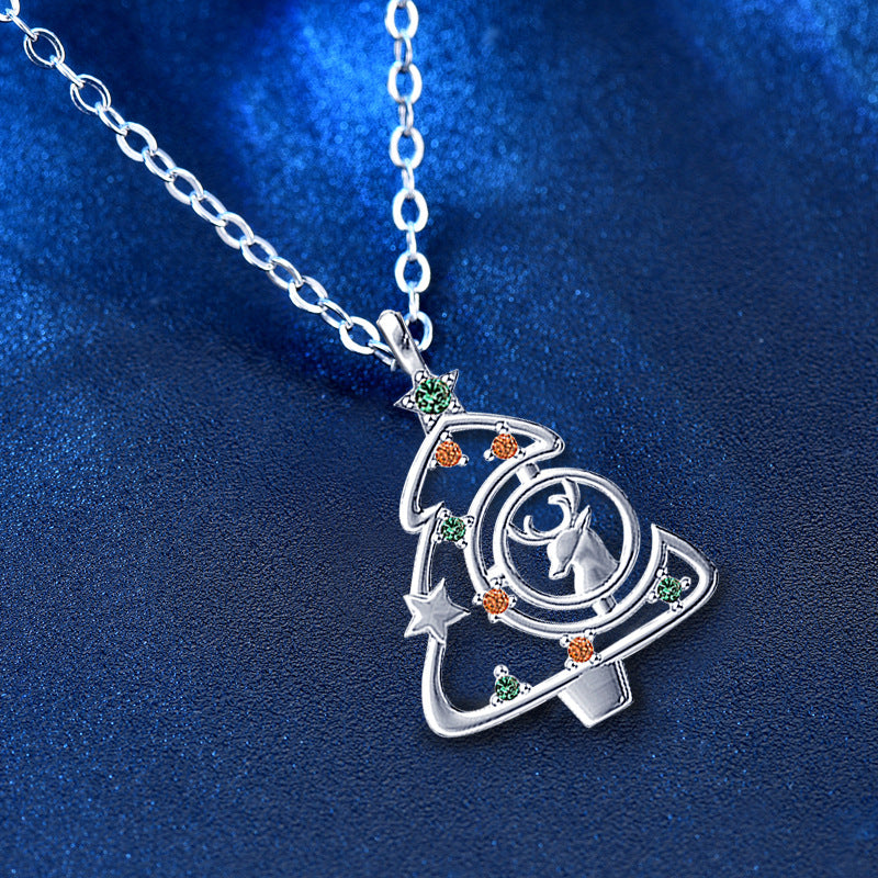 925 Sterling Silver Christmas Tree Pendant Necklace - Micro-Paved Zircon Cross Chain in White Gold/Rose Gold Plated (16-20 Inch