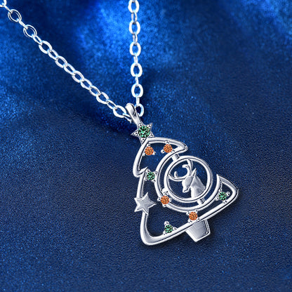 925 Sterling Silver Christmas Tree Pendant Necklace - Micro-Paved Zircon Cross Chain in White Gold/Rose Gold Plated (16-20 Inch