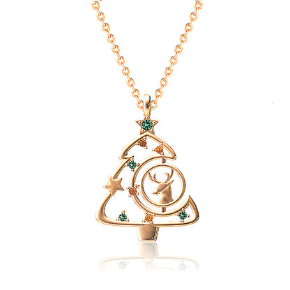 925 Sterling Silver Christmas Tree Pendant Necklace - Micro-Paved Zircon Cross Chain in White Gold/Rose Gold Plated (16-20 Inch