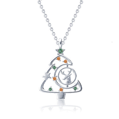 925 Sterling Silver Christmas Tree Pendant Necklace - Micro-Paved Zircon Cross Chain in White Gold/Rose Gold Plated (16-20 Inch