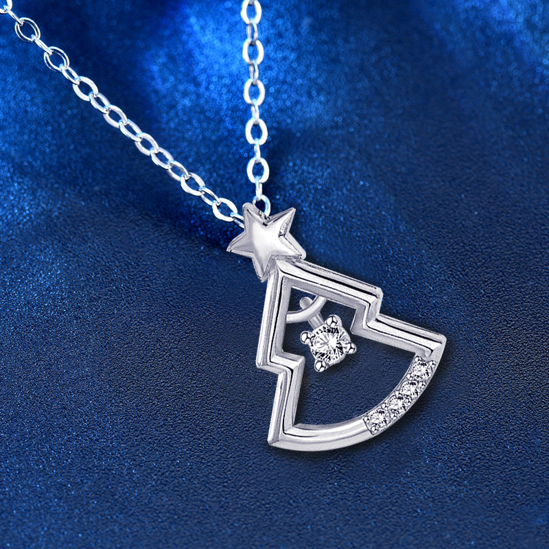 925 Sterling Silver Christmas Tree Pendant Necklace for Women-White Gold/Rose Gold Plated Cross Chain, Dainty Holiday Jewelry Gift