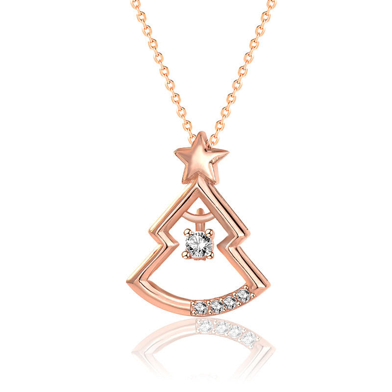 925 Sterling Silver Christmas Tree Pendant Necklace for Women-White Gold/Rose Gold Plated Cross Chain, Dainty Holiday Jewelry Gift