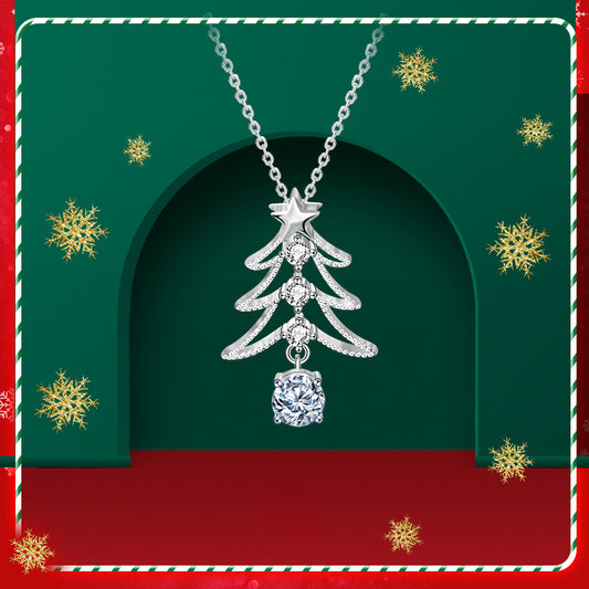 925 Sterling Silver Christmas Tree Pendant Necklace with 0.5ct Moissanite Cross Chain Women's Holiday Jewelry