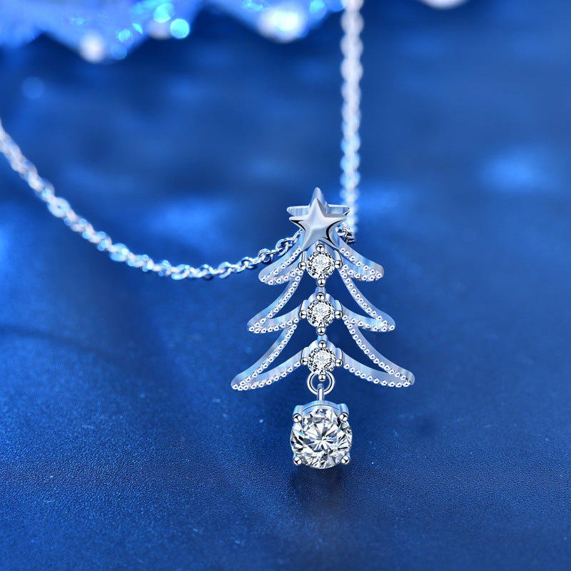 925 Sterling Silver Christmas Tree Pendant Necklace with 0.5ct Moissanite Cross Chain Women's Holiday Jewelry