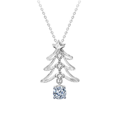 925 Sterling Silver Christmas Tree Pendant Necklace with 0.5ct Moissanite Cross Chain Women's Holiday Jewelry