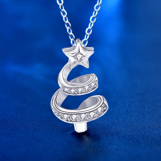 925 Sterling Silver Christmas Tree Pendant Necklace with Zircon Cross Chain Women's Edgy Sweet Jewelry