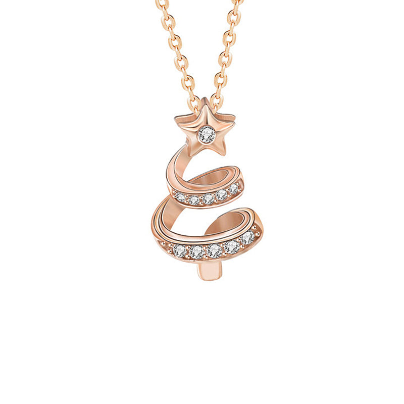 925 Sterling Silver Christmas Tree Pendant Necklace with Zircon Cross Chain Women's Edgy Sweet Jewelry