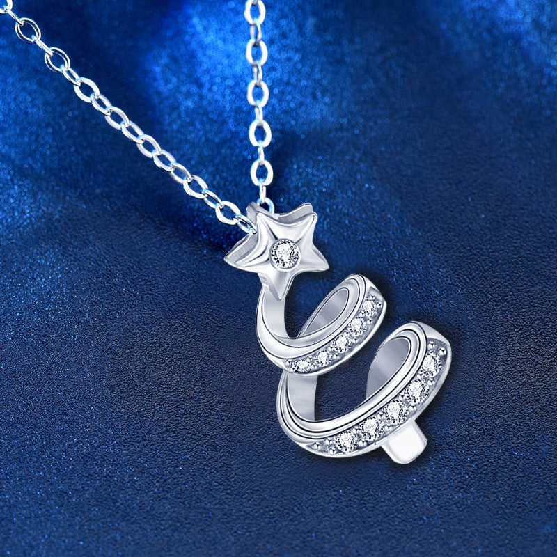925 Sterling Silver Christmas Tree Pendant Necklace with Zircon Cross Chain Women's Edgy Sweet Jewelry