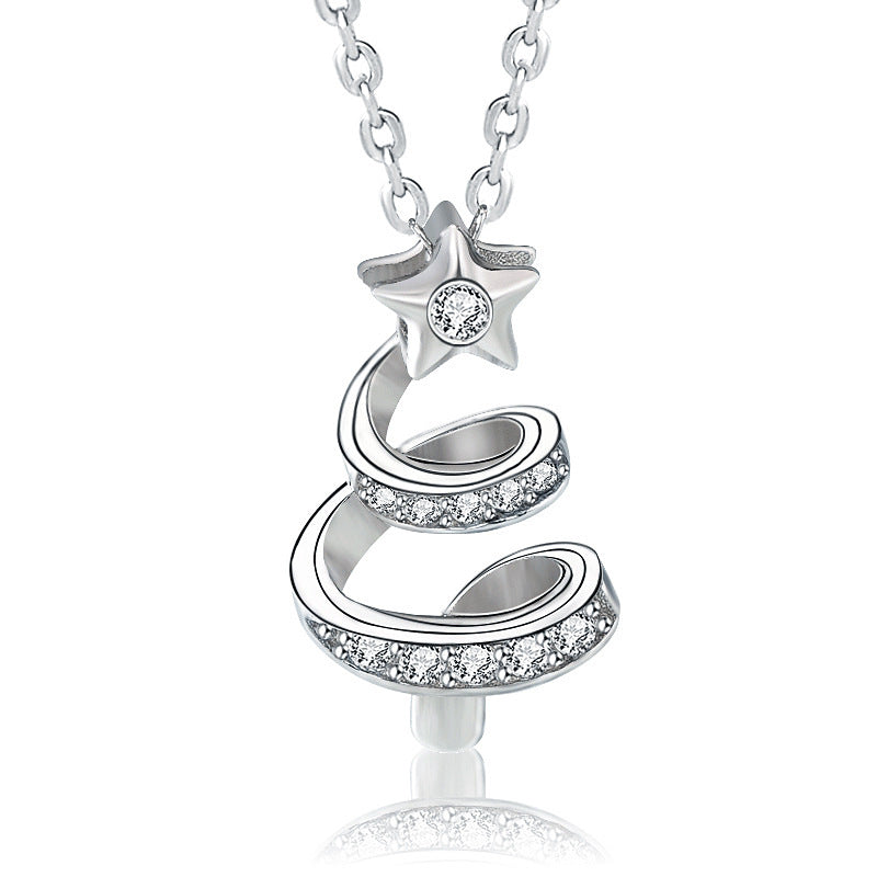 925 Sterling Silver Christmas Tree Pendant Necklace with Zircon Cross Chain Women's Edgy Sweet Jewelry