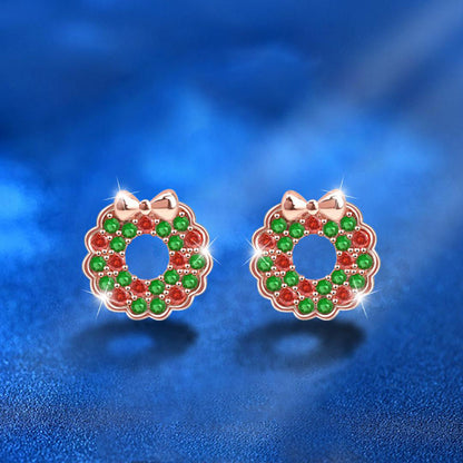 925 Sterling Silver Christmas Wreath Stud Earrings Rose Gold Plated Holiday Jewelry Gift Set for Women