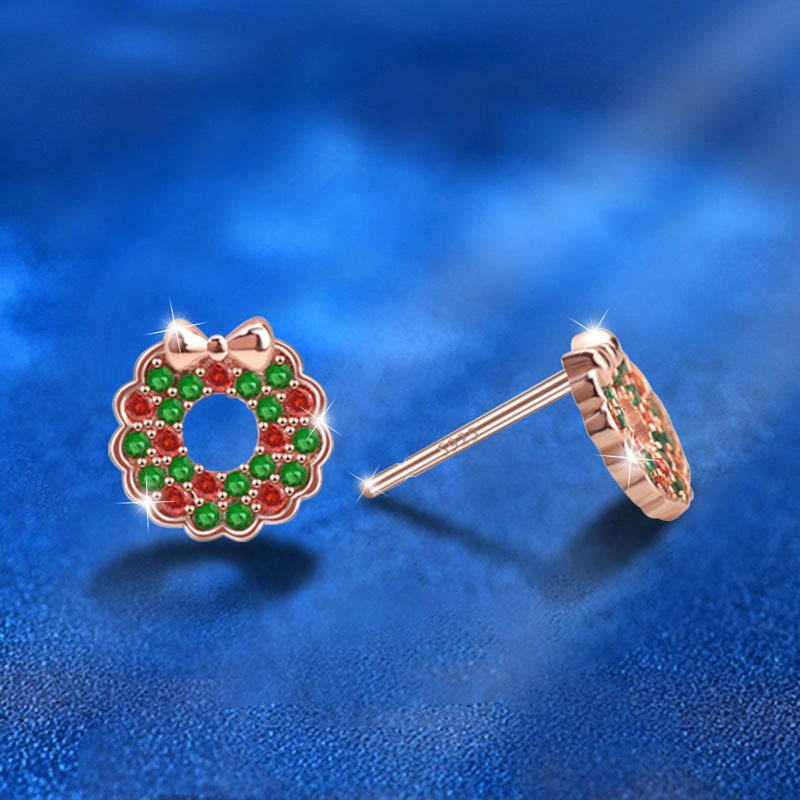 925 Sterling Silver Christmas Wreath Stud Earrings Rose Gold Plated Holiday Jewelry Gift Set for Women