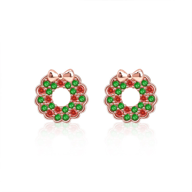 925 Sterling Silver Christmas Wreath Stud Earrings Rose Gold Plated Holiday Jewelry Gift Set for Women