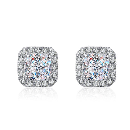 925 Sterling Silver Chunky Square Moissanite Stud Earrings - PT950 Gold Plated (1CT/2CT Options)