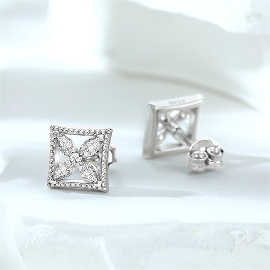 925 Sterling Silver Clover Marquise Earrings for Women Elegant Square Zircon Studs White Gold Plated