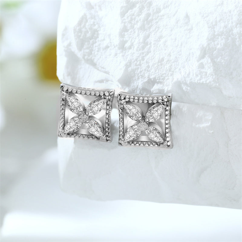 925 Sterling Silver Clover Marquise Earrings for Women Elegant Square Zircon Studs White Gold Plated