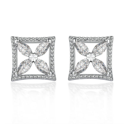 925 Sterling Silver Clover Marquise Earrings for Women Elegant Square Zircon Studs White Gold Plated