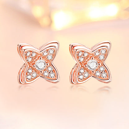 925 Sterling Silver Clover Windmill Earrings for Women Double Layer Rose Gold Plated Zircon Stud Earrings