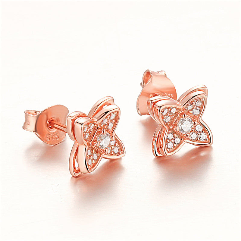925 Sterling Silver Clover Windmill Earrings for Women Double Layer Rose Gold Plated Zircon Stud Earrings