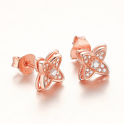 925 Sterling Silver Clover Windmill Earrings for Women Double Layer Rose Gold Plated Zircon Stud Earrings