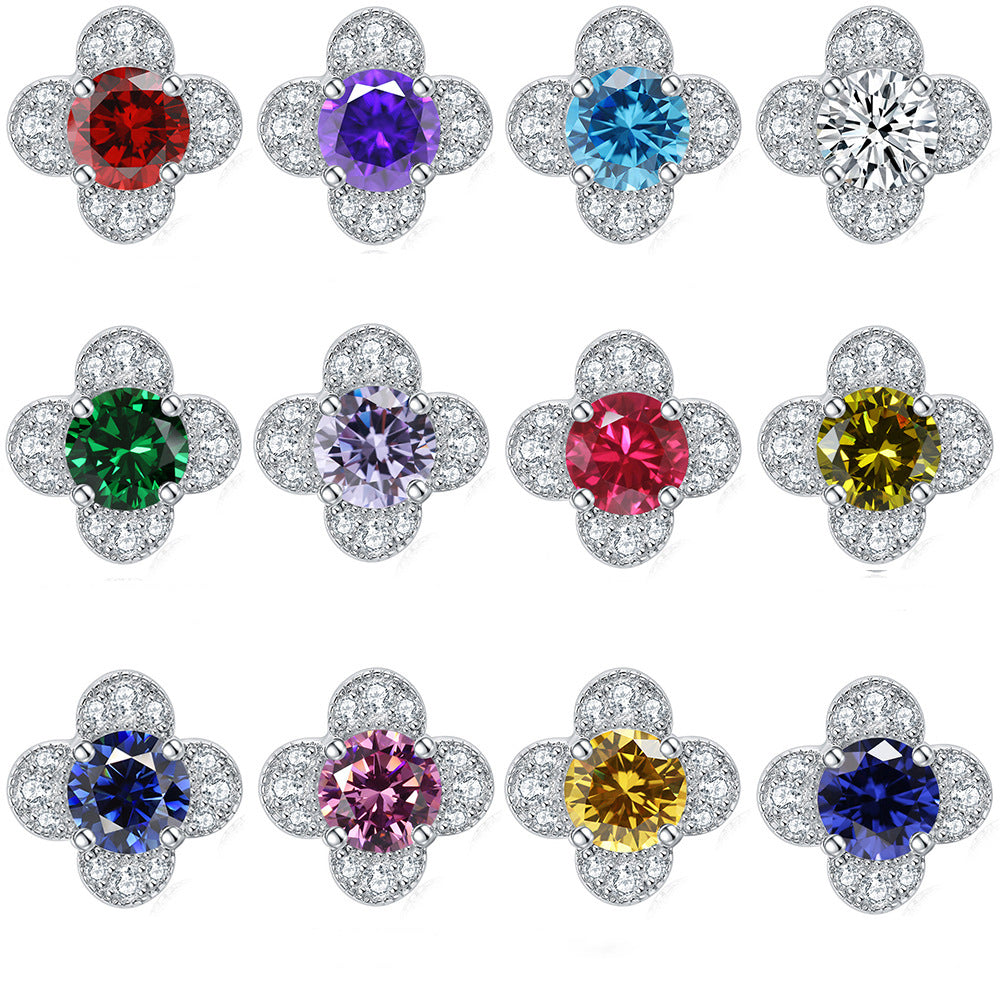 925 Sterling Silver Clover & Plum Blossom Stud Earrings – Dainty Birthstone Floral Collection