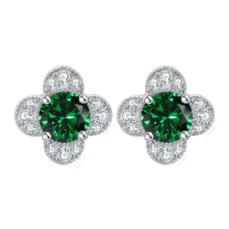 925 Sterling Silver Clover & Plum Blossom Stud Earrings – Dainty Birthstone Floral Collection