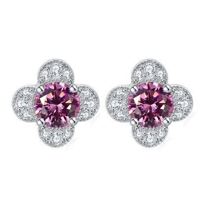 925 Sterling Silver Clover & Plum Blossom Stud Earrings – Dainty Birthstone Floral Collection
