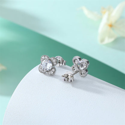 925 Sterling Silver Clover & Plum Blossom Stud Earrings – Dainty Birthstone Floral Collection