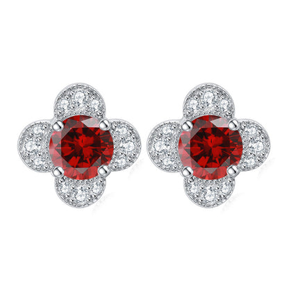 925 Sterling Silver Clover & Plum Blossom Stud Earrings – Dainty Birthstone Floral Collection