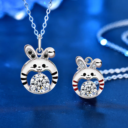 925 Sterling Silver Couple's Rabbit Pendant Necklace Set 1ct & 0.5ct Moissanite Cartoon Animal Jewelry with Cross Chain