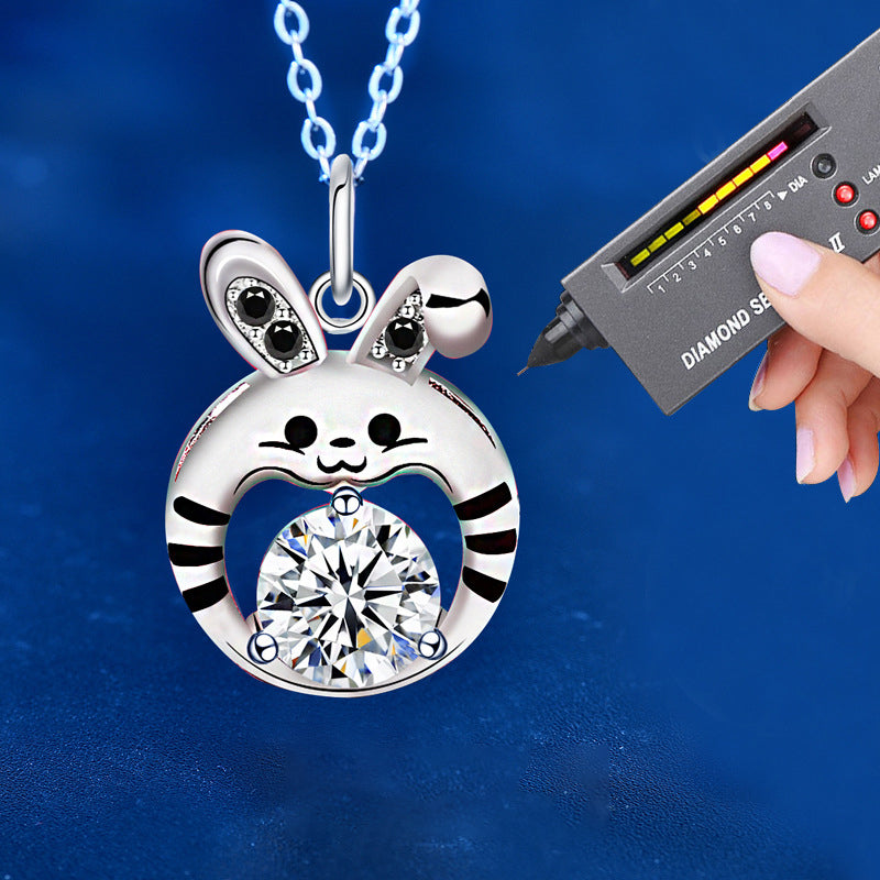 925 Sterling Silver Couple's Rabbit Pendant Necklace Set 1ct & 0.5ct Moissanite Cartoon Animal Jewelry with Cross Chain