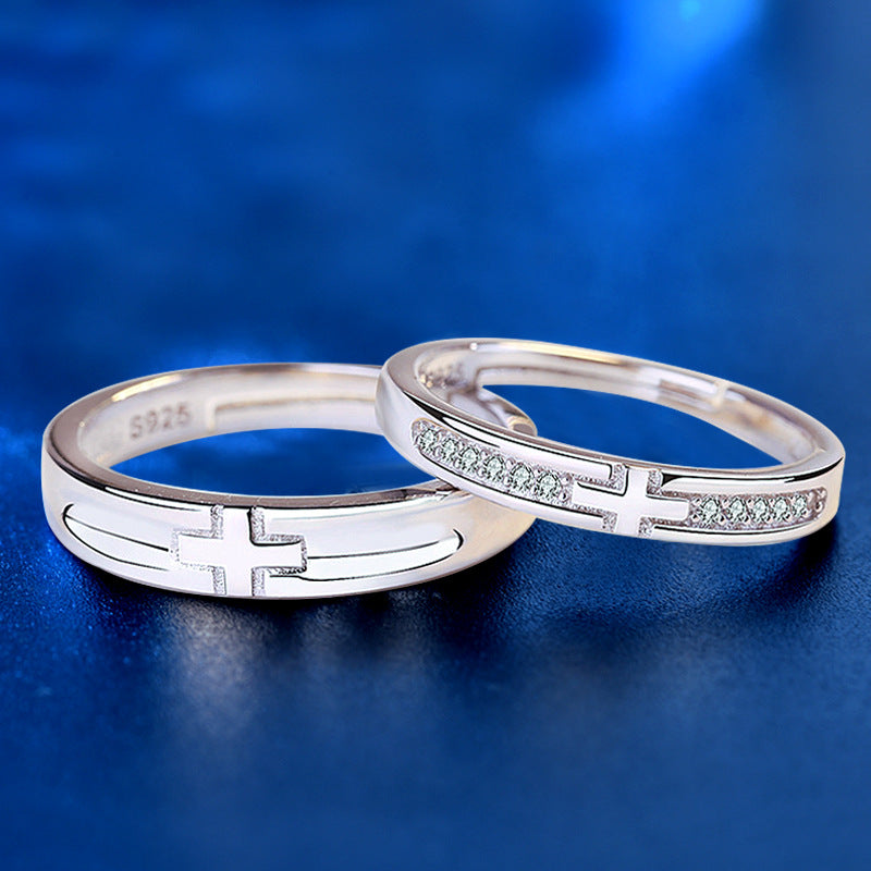 925 Sterling Silver Cross Couple Rings with Zircon - White Gold Plated Minimalist Matching Bands (1.7-2.6g)