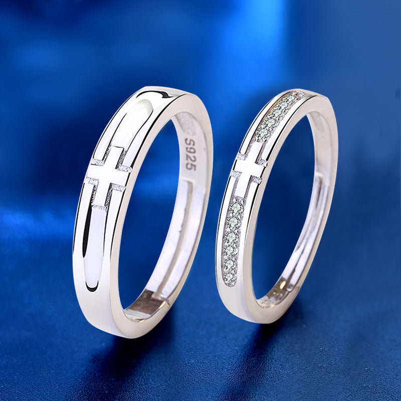 925 Sterling Silver Cross Couple Rings with Zircon - White Gold Plated Minimalist Matching Bands (1.7-2.6g)