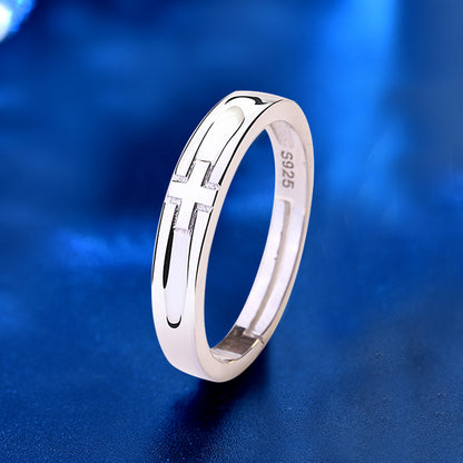 925 Sterling Silver Cross Couple Rings with Zircon - White Gold Plated Minimalist Matching Bands (1.7-2.6g)