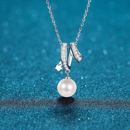 925 Sterling Silver Cross Necklace - 24-Point Moissanite & 8mm Freshwater Pearl with Chinese Inspired Tree & Red Bean Motif