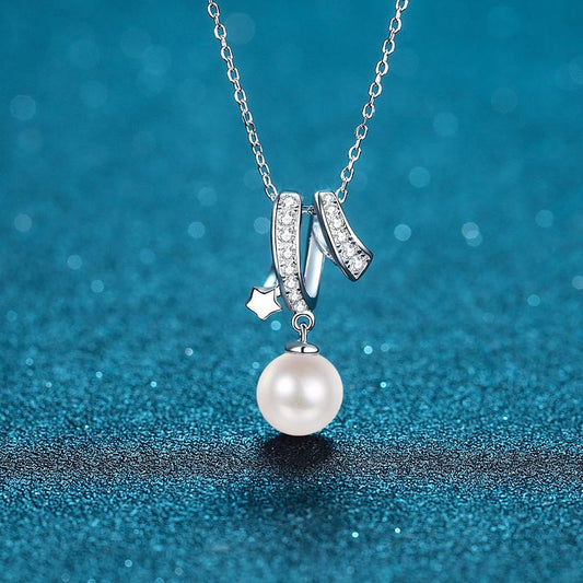 925 Sterling Silver Cross Necklace - 24-Point Moissanite & 8mm Freshwater Pearl with Chinese Inspired Tree & Red Bean Motif