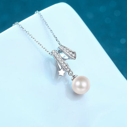 925 Sterling Silver Cross Necklace - 24-Point Moissanite & 8mm Freshwater Pearl with Chinese Inspired Tree & Red Bean Motif