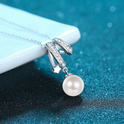 925 Sterling Silver Cross Necklace - 24-Point Moissanite & 8mm Freshwater Pearl with Chinese Inspired Tree & Red Bean Motif