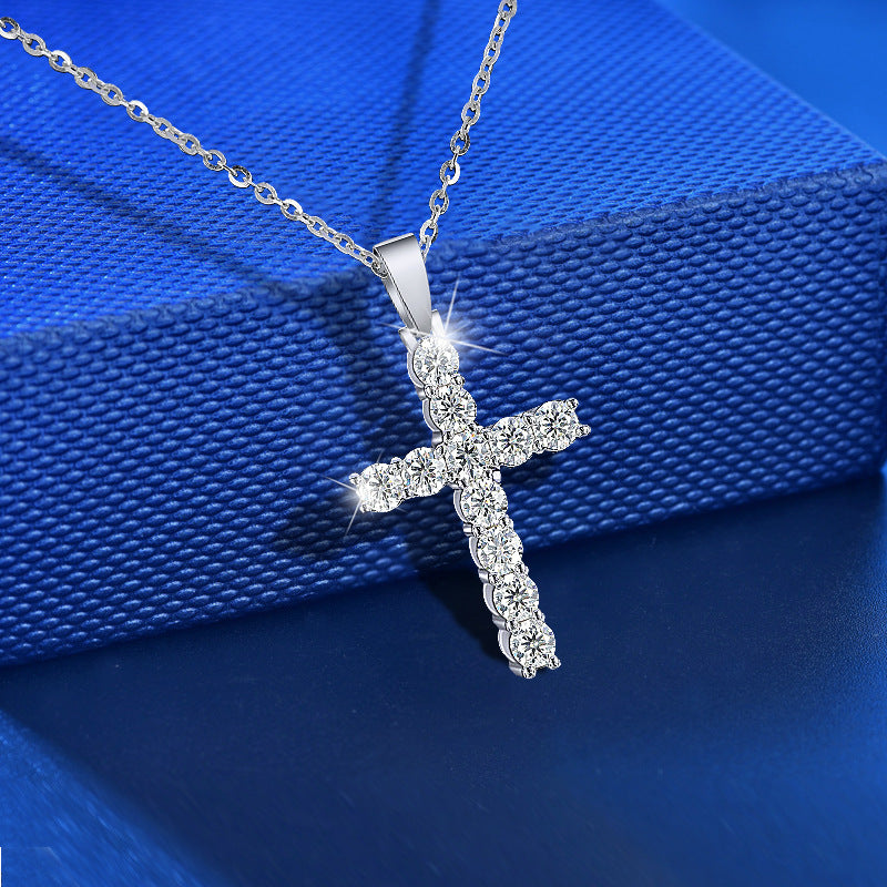 925 Sterling Silver Cross Pendant Necklace with 0.1ct Moissanite Rhodium Plated Minimalist Chain for Women