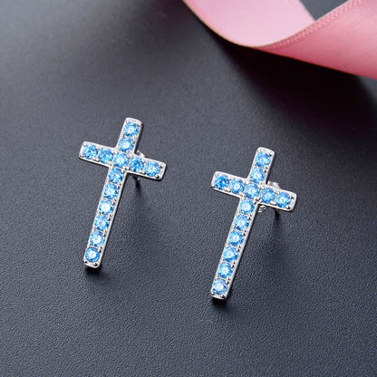 925 Sterling Silver Cross Stud Earrings - White/Blue/Black CZ Diamond Earrings with Plastic Backs for Women