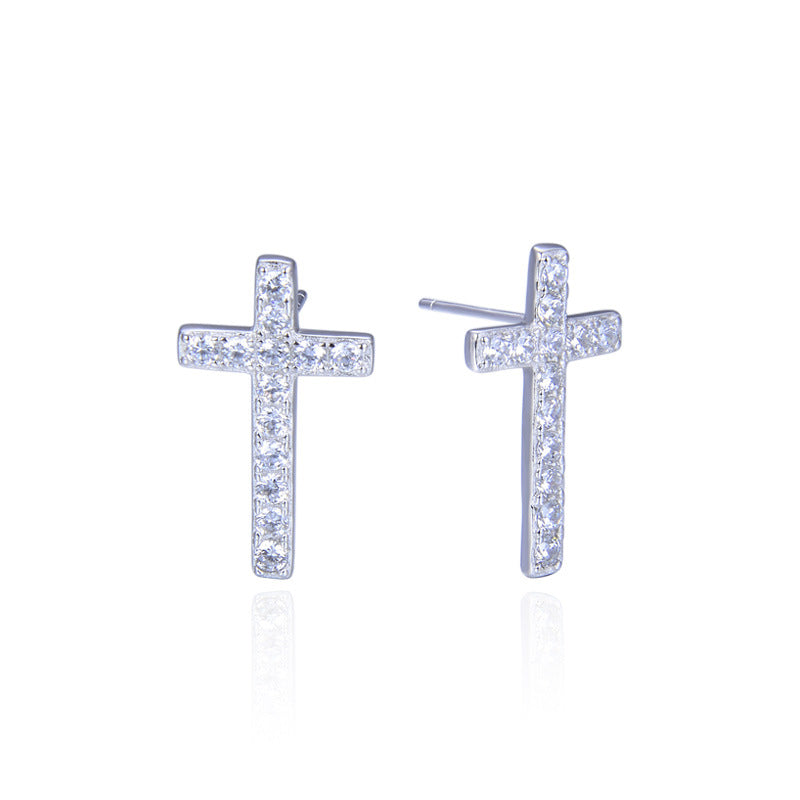 925 Sterling Silver Cross Stud Earrings - White/Blue/Black CZ Diamond Earrings with Plastic Backs for Women