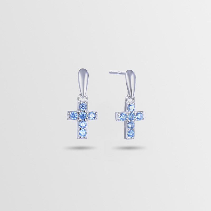 925 Sterling Silver Cross Stud Earrings for Women – White & Blue Diamond with Plastic Ear Backs