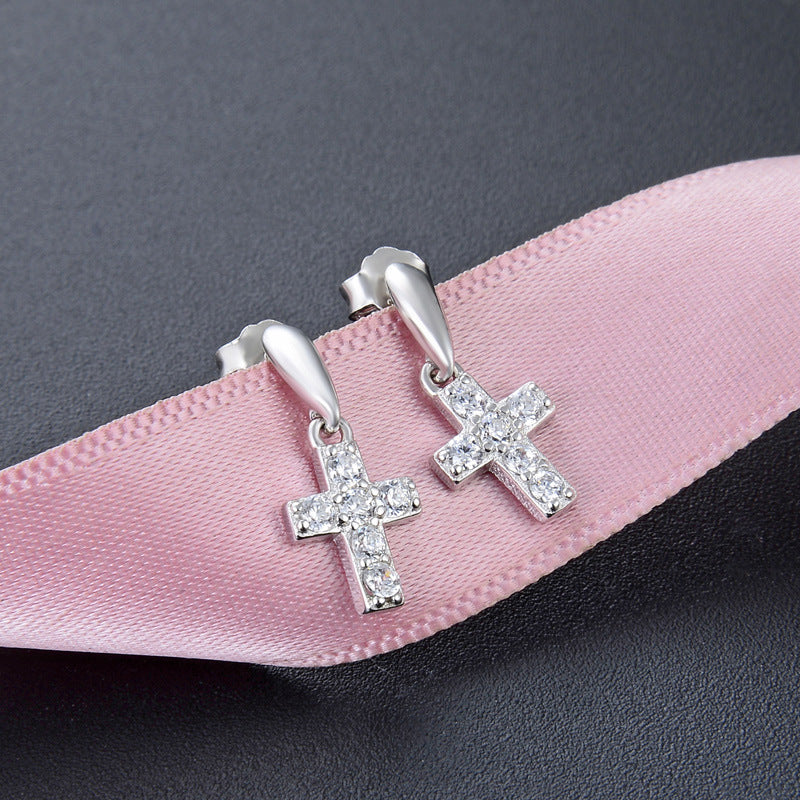 925 Sterling Silver Cross Stud Earrings for Women – White & Blue Diamond with Plastic Ear Backs
