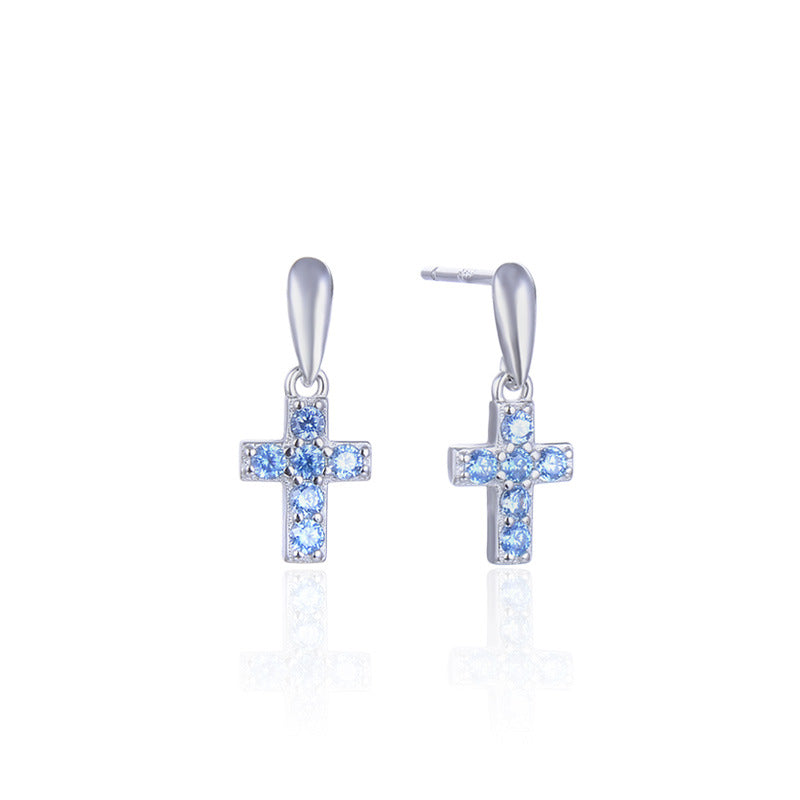 925 Sterling Silver Cross Stud Earrings for Women – White & Blue Diamond with Plastic Ear Backs