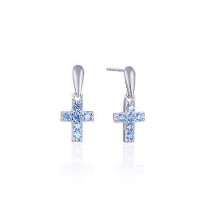925 Sterling Silver Cross Stud Earrings for Women – White & Blue Diamond with Plastic Ear Backs