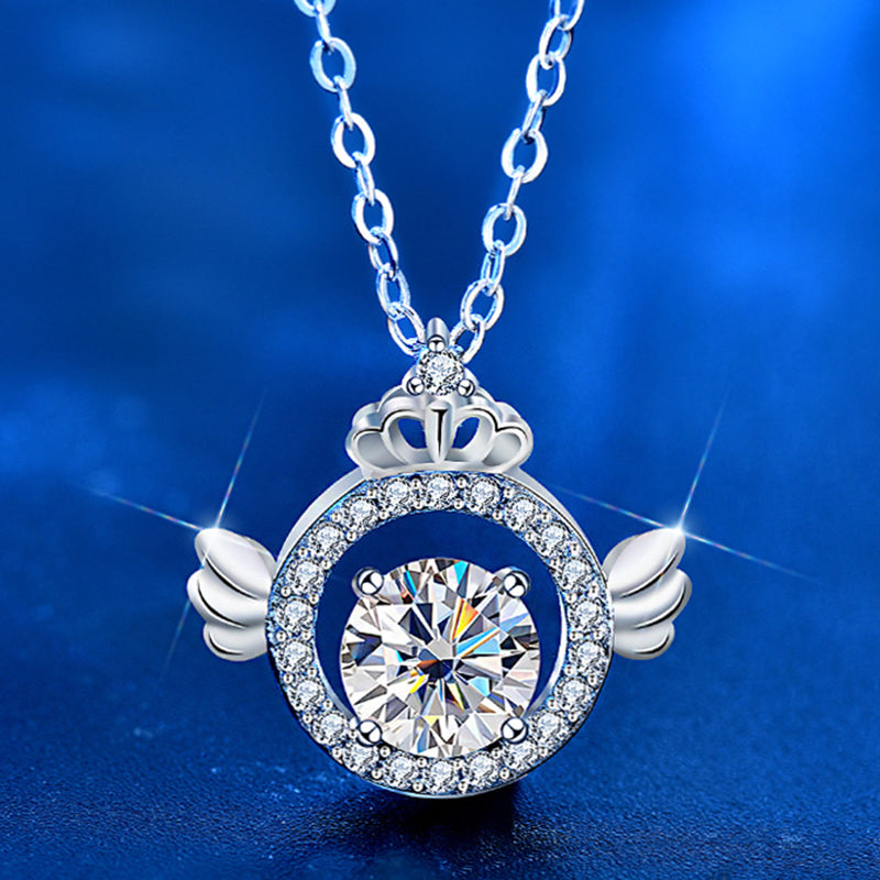 925 Sterling Silver Crown Angel Pendant Necklace with 1ct Moissanite Cross Chain Women's Fairy Style Jewelry