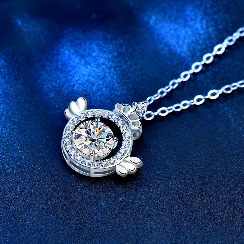 925 Sterling Silver Crown Angel Pendant Necklace with 1ct Moissanite Cross Chain Women's Fairy Style Jewelry