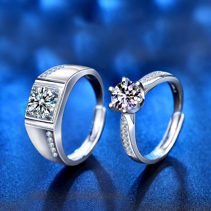 925 Sterling Silver Crown Couple Rings with 1ct Moissanite - Adjustable Unisex Wedding Bands in White Gold Plated Chic Jewelry
