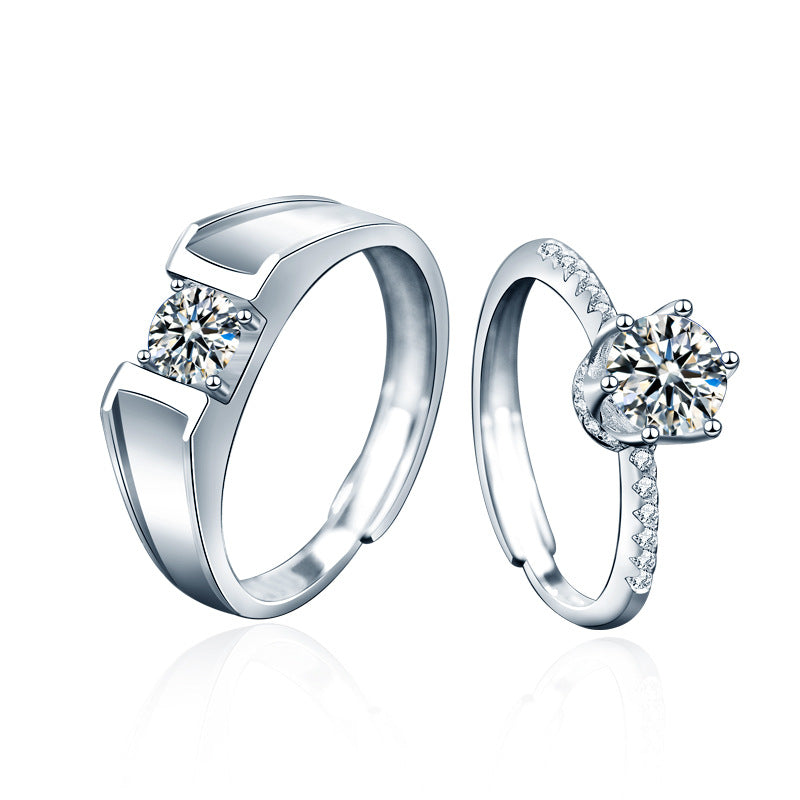 925 Sterling Silver Crown Geometric Couple Rings - His 0.5ct & Her 1ct Moissanite Adjustable Luxury Bands