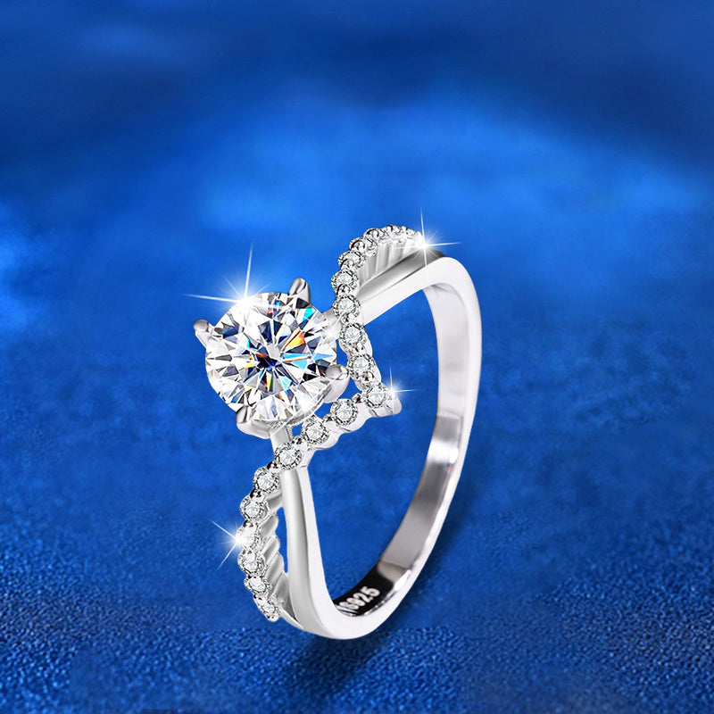 925 Sterling Silver Crown Geometric Ring with 1ct Moissanite Rhodium Plated Minimalist Wedding Band for Women Size 5-9