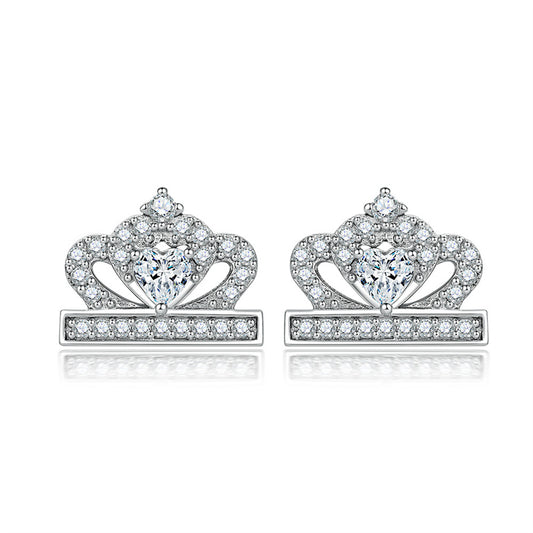 925 Sterling Silver Crown Heart Stud Earrings – Elegant Zircon Bow Design